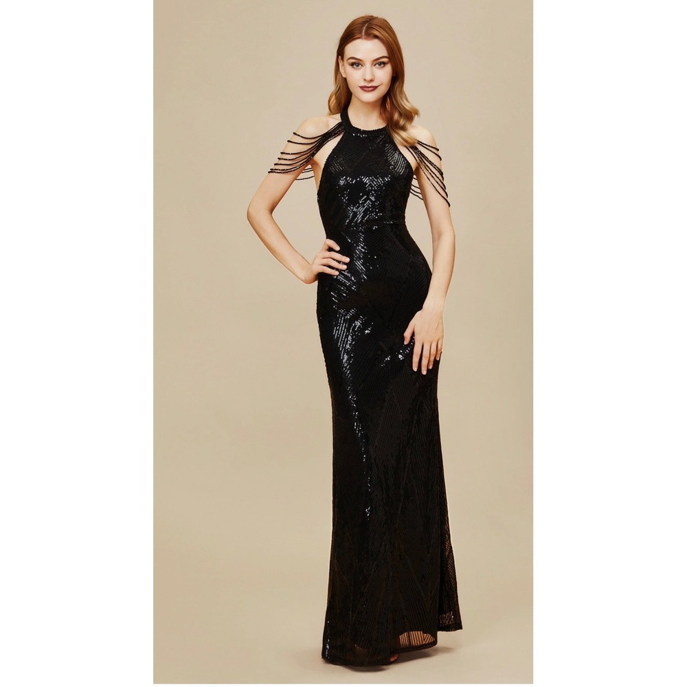BABEYOND Womens Black Sequin Beaded Halter Neck Gatsby Formal Gown Size M